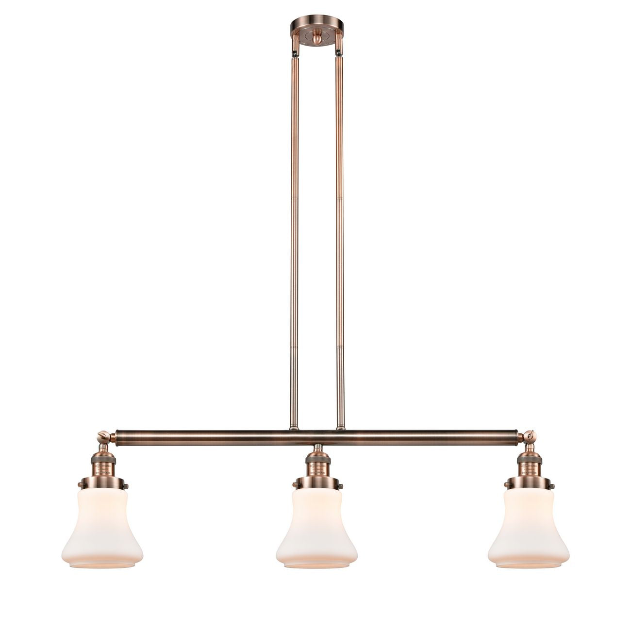 213-AC-G191 3-Light 38.75" Antique Copper Island Light - Matte White Bellmont Glass - LED Bulb - Dimmensions: 38.75 x 6.25 x 11<br>Minimum Height : 20.5<br>Maximum Height : 44.5 - Sloped Ceiling Compatible: Yes