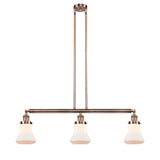 213-AC-G191 3-Light 38.75" Antique Copper Island Light - Matte White Bellmont Glass - LED Bulb - Dimmensions: 38.75 x 6.25 x 11<br>Minimum Height : 20.5<br>Maximum Height : 44.5 - Sloped Ceiling Compatible: Yes