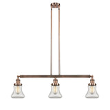 213-AC-G192 3-Light 38.75" Antique Copper Island Light - Clear Bellmont Glass - LED Bulb - Dimmensions: 38.75 x 6.25 x 11<br>Minimum Height : 20.5<br>Maximum Height : 44.5 - Sloped Ceiling Compatible: Yes
