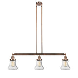 213-AC-G194 3-Light 38.75" Antique Copper Island Light - Seedy Bellmont Glass - LED Bulb - Dimmensions: 38.75 x 6.25 x 11<br>Minimum Height : 20.5<br>Maximum Height : 44.5 - Sloped Ceiling Compatible: Yes