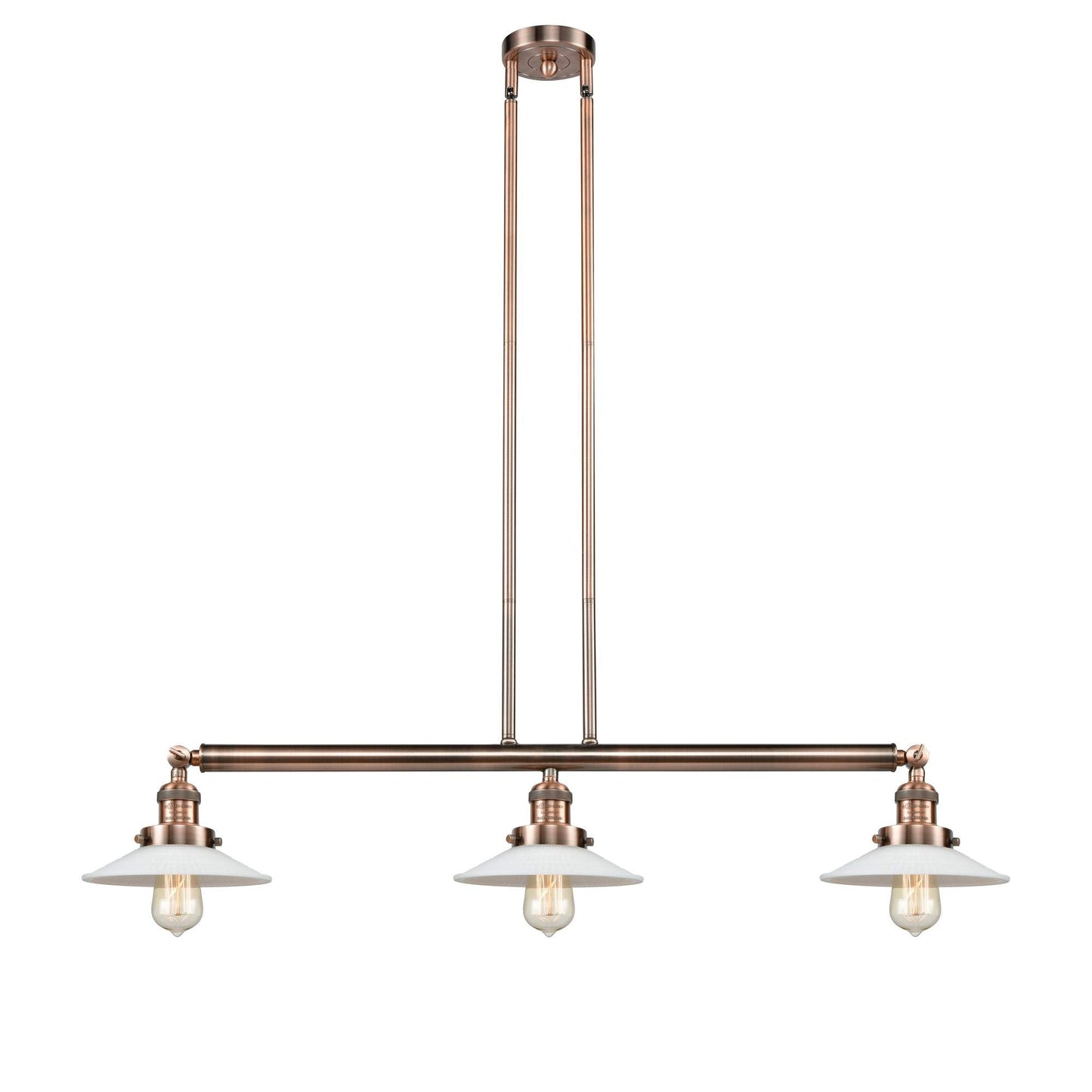 213-AC-G1 3-Light 41" Antique Copper Island Light - White Halophane Glass - LED Bulb - Dimmensions: 41 x 8.5 x 8<br>Minimum Height : 16.25<br>Maximum Height : 40.25 - Sloped Ceiling Compatible: Yes