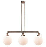 213-AC-G201-10 3-Light 42" Antique Copper Island Light - Matte White Cased Beacon Glass - LED Bulb - Dimmensions: 42 x 10 x 14<br>Minimum Height : 24<br>Maximum Height : 48 - Sloped Ceiling Compatible: Yes