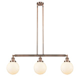 213-AC-G201-8 3-Light 40.5" Antique Copper Island Light - Matte White Cased Beacon Glass - LED Bulb - Dimmensions: 40.5 x 8 x 12.875<br>Minimum Height : 22<br>Maximum Height : 46 - Sloped Ceiling Compatible: Yes