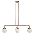 213-AC-G202-6 3-Light 38.5" Antique Copper Island Light - Clear Beacon Glass - LED Bulb - Dimmensions: 38.5 x 6 x 10.875<br>Minimum Height : 20<br>Maximum Height : 44 - Sloped Ceiling Compatible: Yes