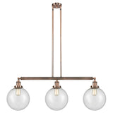 213-AC-G204-10 3-Light 42" Antique Copper Island Light - Seedy Beacon Glass - LED Bulb - Dimmensions: 42 x 10 x 14<br>Minimum Height : 24<br>Maximum Height : 48 - Sloped Ceiling Compatible: Yes