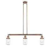 213-AC-G312 3-Light 37" Antique Copper Island Light - Clear Dover Glass - LED Bulb - Dimmensions: 37 x 4.5 x 10.75<br>Minimum Height : 20.75<br>Maximum Height : 44.75 - Sloped Ceiling Compatible: Yes