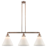 213-AC-G41-L 3-Light 44" Antique Copper Island Light - Matte White Cased Cone 12" Glass - LED Bulb - Dimmensions: 44 x 12 x 16<br>Minimum Height : 24.25<br>Maximum Height : 48.25 - Sloped Ceiling Compatible: Yes