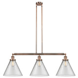 213-AC-G42-L 3-Light 44" Antique Copper Island Light - Clear Cone 12" Glass - LED Bulb - Dimmensions: 44 x 12 x 16<br>Minimum Height : 24.25<br>Maximum Height : 48.25 - Sloped Ceiling Compatible: Yes