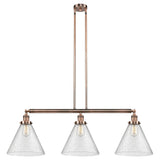 213-AC-G44-L 3-Light 44" Antique Copper Island Light - Seedy Cone 12" Glass - LED Bulb - Dimmensions: 44 x 12 x 16<br>Minimum Height : 24.25<br>Maximum Height : 48.25 - Sloped Ceiling Compatible: Yes
