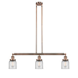 213-AC-G52 3-Light 37.5" Antique Copper Island Light - Clear Small Bell Glass - LED Bulb - Dimmensions: 37.5 x 5 x 10<br>Minimum Height : 20<br>Maximum Height : 44 - Sloped Ceiling Compatible: Yes