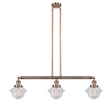 213-AC-G534 3-Light 40" Antique Copper Island Light - Seedy Small Oxford Glass - LED Bulb - Dimmensions: 40 x 7.5 x 10<br>Minimum Height : 20<br>Maximum Height : 44 - Sloped Ceiling Compatible: Yes