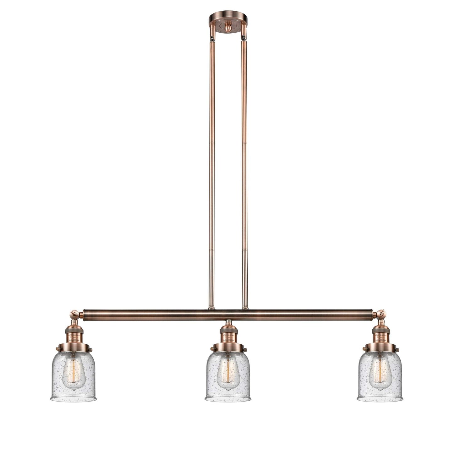 213-AC-G54 3-Light 37.5" Antique Copper Island Light - Seedy Small Bell Glass - LED Bulb - Dimmensions: 37.5 x 7.5 x 10<br>Minimum Height : 20<br>Maximum Height : 44 - Sloped Ceiling Compatible: Yes