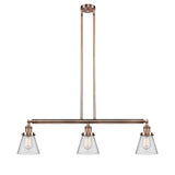 213-AC-G62 3-Light 38.75" Antique Copper Island Light - Clear Small Cone Glass - LED Bulb - Dimmensions: 38.75 x 6 x 10<br>Minimum Height : 20<br>Maximum Height : 44 - Sloped Ceiling Compatible: Yes