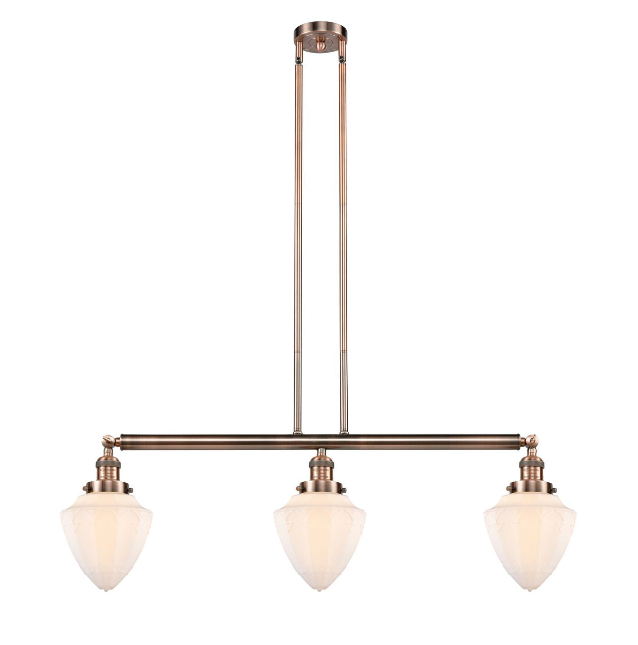 213-AC-G661-7 3-Light 38" Antique Copper Island Light - Matte White Cased Small Bullet Glass - LED Bulb - Dimmensions: 38 x 7 x 15.25<br>Minimum Height : 24.25<br>Maximum Height : 48.25 - Sloped Ceiling Compatible: Yes