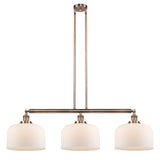 213-AC-G71-L 3-Light 42" Antique Copper Island Light - Matte White Cased X-Large Bell Glass - LED Bulb - Dimmensions: 42 x 12 x 13<br>Minimum Height : 22.25<br>Maximum Height : 46.25 - Sloped Ceiling Compatible: Yes