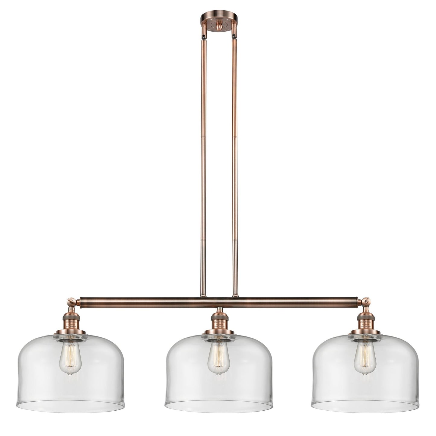 213-AC-G72-L 3-Light 42" Antique Copper Island Light - Clear X-Large Bell Glass - LED Bulb - Dimmensions: 42 x 12 x 13<br>Minimum Height : 22.25<br>Maximum Height : 46.25 - Sloped Ceiling Compatible: Yes