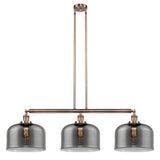 213-AC-G73-L 3-Light 42" Antique Copper Island Light - Plated Smoke X-Large Bell Glass - LED Bulb - Dimmensions: 42 x 12 x 13<br>Minimum Height : 22.25<br>Maximum Height : 46.25 - Sloped Ceiling Compatible: Yes
