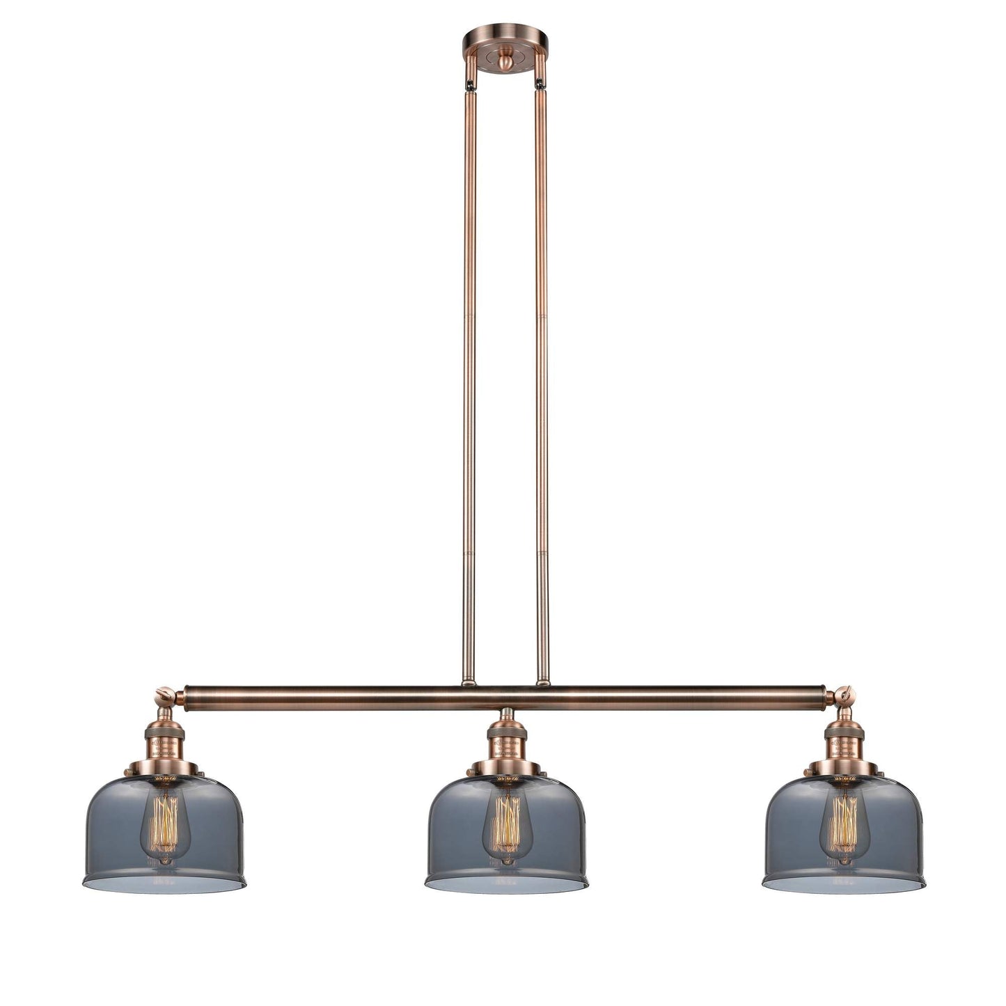 213-AC-G73 3-Light 40.5" Antique Copper Island Light - Plated Smoke Large Bell Glass - LED Bulb - Dimmensions: 40.5 x 8 x 13<br>Minimum Height : 20<br>Maximum Height : 44 - Sloped Ceiling Compatible: Yes