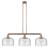 213-AC-G74-L 3-Light 42" Antique Copper Island Light - Seedy X-Large Bell Glass - LED Bulb - Dimmensions: 42 x 12 x 13<br>Minimum Height : 22.25<br>Maximum Height : 46.25 - Sloped Ceiling Compatible: Yes