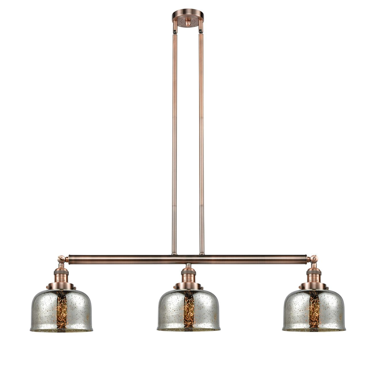 213-AC-G78 3-Light 40.5" Antique Copper Island Light - Silver Plated Mercury Large Bell Glass - LED Bulb - Dimmensions: 40.5 x 8 x 13<br>Minimum Height : 20<br>Maximum Height : 44 - Sloped Ceiling Compatible: Yes
