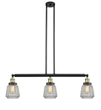 213-BAB-G142 3-Light 38.75" Black Antique Brass Island Light - Clear Chatham Glass - LED Bulb - Dimmensions: 38.75 x 6.25 x 10<br>Minimum Height : 21<br>Maximum Height : 45 - Sloped Ceiling Compatible: Yes