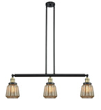 213-BAB-G146 3-Light 38.75" Black Antique Brass Island Light - Mercury Plated Chatham Glass - LED Bulb - Dimmensions: 38.75 x 6.25 x 10<br>Minimum Height : 22.25<br>Maximum Height : 46.25 - Sloped Ceiling Compatible: Yes