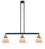 213-BAB-G171 3-Light 39.25" Black Antique Brass Island Light - Matte White Cased Fulton Glass - LED Bulb - Dimmensions: 39.25 x 6.75 x 10<br>Minimum Height : 19.5<br>Maximum Height : 43.5 - Sloped Ceiling Compatible: Yes