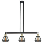213-BAB-G173 3-Light 39.25" Black Antique Brass Island Light - Plated Smoke Fulton Glass - LED Bulb - Dimmensions: 39.25 x 6.75 x 10<br>Minimum Height : 19.5<br>Maximum Height : 43.5 - Sloped Ceiling Compatible: Yes