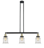 213-BAB-G184 3-Light 38.5" Black Antique Brass Island Light - Seedy Canton Glass - LED Bulb - Dimmensions: 38.5 x 6 x 11<br>Minimum Height : 21.5<br>Maximum Height : 45.5 - Sloped Ceiling Compatible: Yes