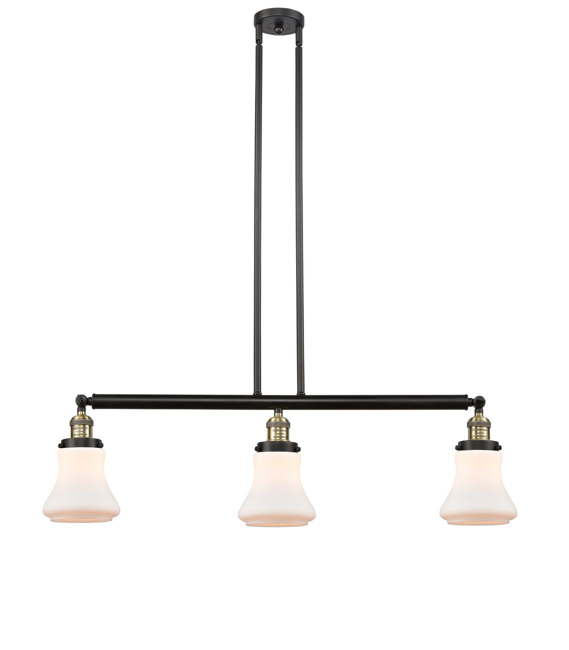213-BAB-G191 3-Light 38.75" Black Antique Brass Island Light - Matte White Bellmont Glass - LED Bulb - Dimmensions: 38.75 x 6.25 x 11<br>Minimum Height : 20.5<br>Maximum Height : 44.5 - Sloped Ceiling Compatible: Yes