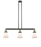 213-BAB-G191 3-Light 38.75" Black Antique Brass Island Light - Matte White Bellmont Glass - LED Bulb - Dimmensions: 38.75 x 6.25 x 11<br>Minimum Height : 20.5<br>Maximum Height : 44.5 - Sloped Ceiling Compatible: Yes