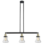 213-BAB-G194 3-Light 38.75" Black Antique Brass Island Light - Seedy Bellmont Glass - LED Bulb - Dimmensions: 38.75 x 6.25 x 11<br>Minimum Height : 20.5<br>Maximum Height : 44.5 - Sloped Ceiling Compatible: Yes
