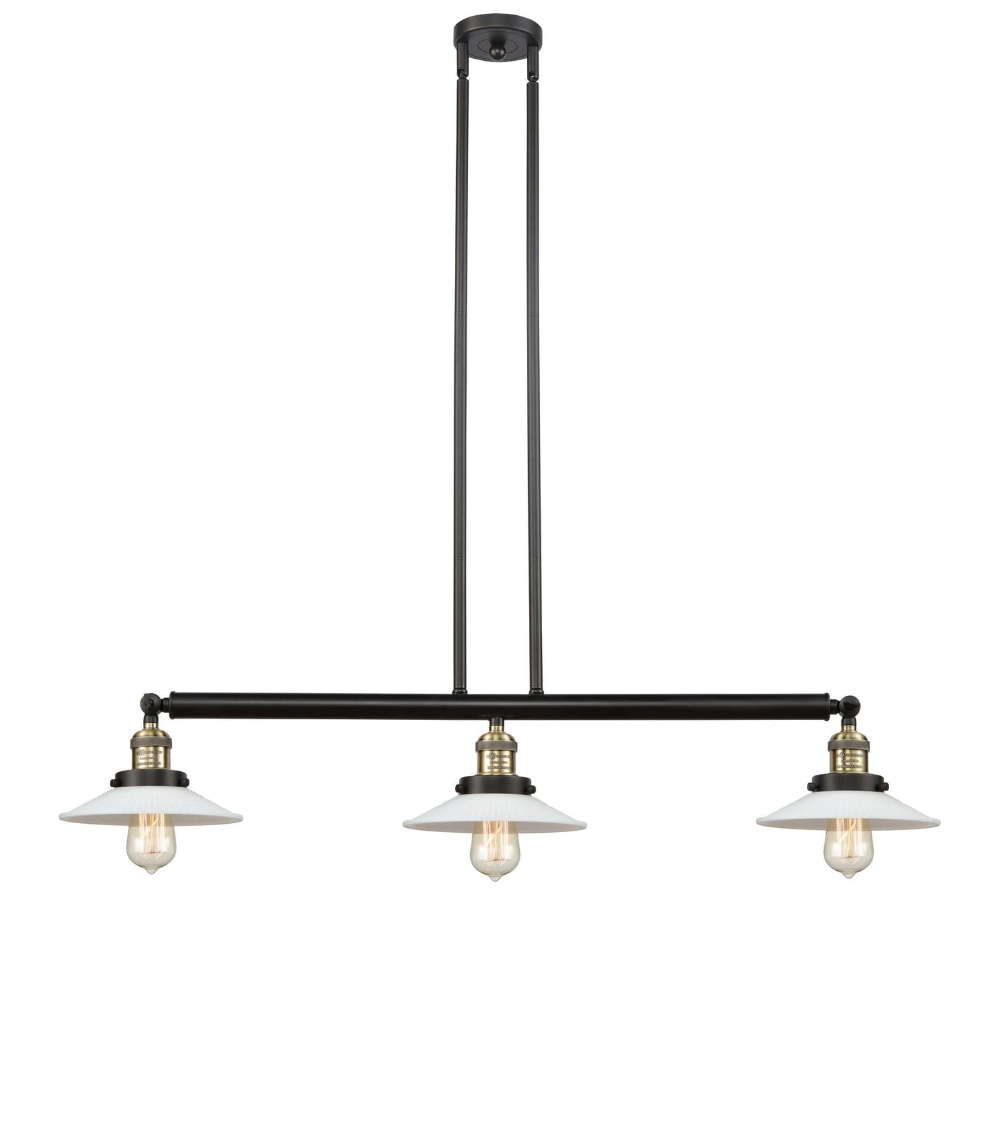 213-BAB-G1 3-Light 41" Black Antique Brass Island Light - White Halophane Glass - LED Bulb - Dimmensions: 41 x 8.5 x 8<br>Minimum Height : 16.25<br>Maximum Height : 40.25 - Sloped Ceiling Compatible: Yes