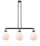 213-BAB-G201-10 3-Light 42" Black Antique Brass Island Light - Matte White Cased Beacon Glass - LED Bulb - Dimmensions: 42 x 10 x 14<br>Minimum Height : 24<br>Maximum Height : 48 - Sloped Ceiling Compatible: Yes