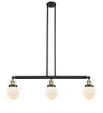 213-BAB-G201-6 3-Light 38.5" Black Antique Brass Island Light - Matte White Cased Beacon Glass - LED Bulb - Dimmensions: 38.5 x 6 x 10.875<br>Minimum Height : 20<br>Maximum Height : 44 - Sloped Ceiling Compatible: Yes