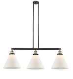213-BAB-G41-L 3-Light 44" Black Antique Brass Island Light - Matte White Cased Cone 12" Glass - LED Bulb - Dimmensions: 44 x 12 x 16<br>Minimum Height : 24.25<br>Maximum Height : 48.25 - Sloped Ceiling Compatible: Yes