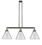 213-BAB-G42-L 3-Light 44" Black Antique Brass Island Light - Clear Cone 12" Glass - LED Bulb - Dimmensions: 44 x 12 x 16<br>Minimum Height : 24.25<br>Maximum Height : 48.25 - Sloped Ceiling Compatible: Yes