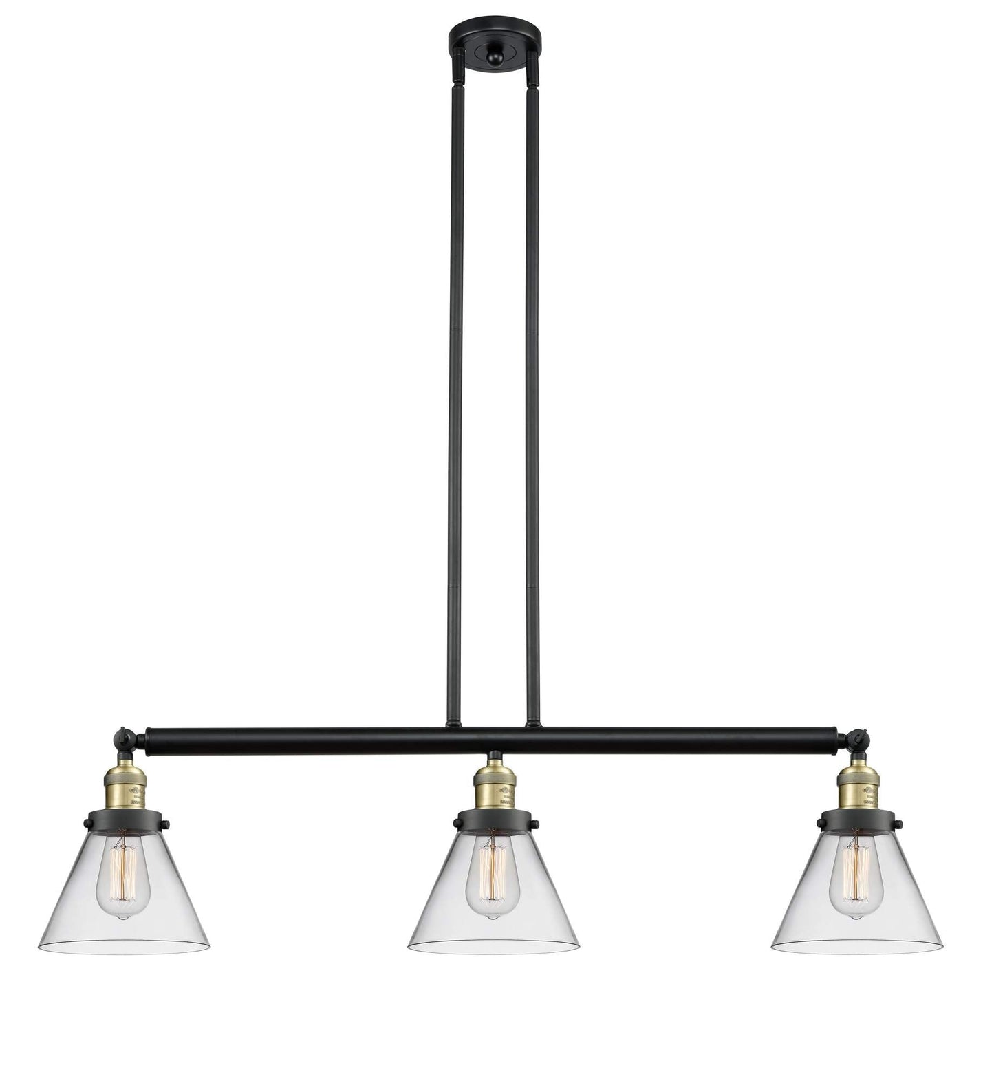 213-BAB-G42 3-Light 40.25" Black Antique Brass Island Light - Clear Large Cone Glass - LED Bulb - Dimmensions: 40.25 x 7.75 x 10<br>Minimum Height : 20.25<br>Maximum Height : 44.25 - Sloped Ceiling Compatible: Yes