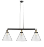 213-BAB-G44-L 3-Light 44" Black Antique Brass Island Light - Seedy Cone 12" Glass - LED Bulb - Dimmensions: 44 x 12 x 16<br>Minimum Height : 24.25<br>Maximum Height : 48.25 - Sloped Ceiling Compatible: Yes