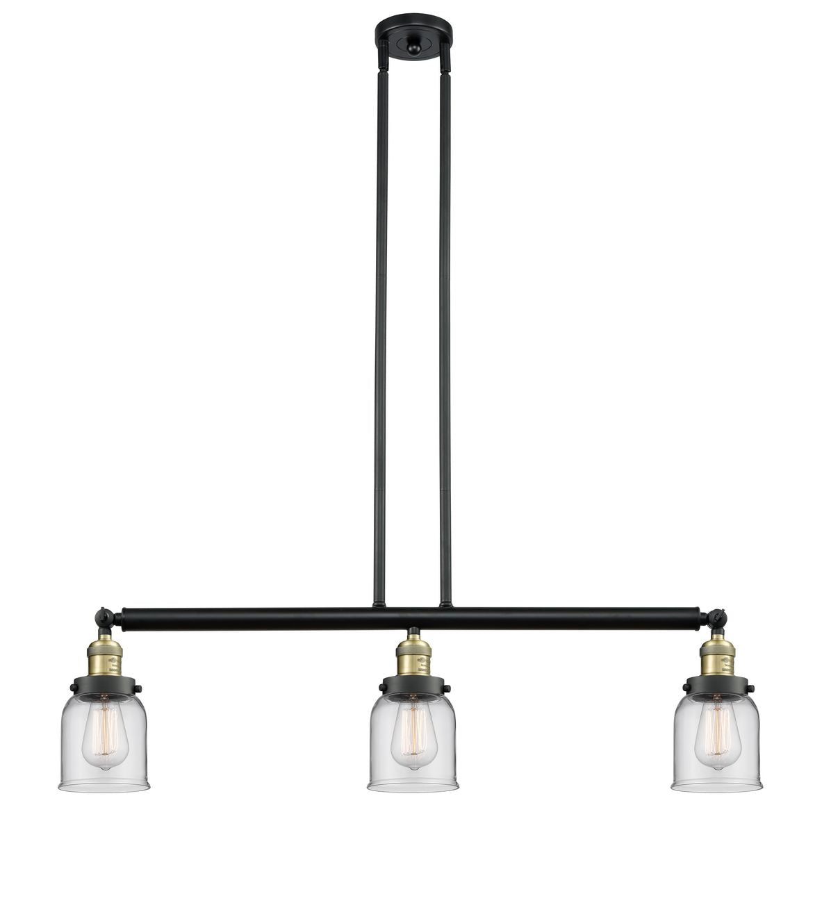 213-BAB-G52 3-Light 37.5" Black Antique Brass Island Light - Clear Small Bell Glass - LED Bulb - Dimmensions: 37.5 x 5 x 10<br>Minimum Height : 20<br>Maximum Height : 44 - Sloped Ceiling Compatible: Yes