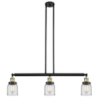 213-BAB-G52 3-Light 37.5" Black Antique Brass Island Light - Clear Small Bell Glass - LED Bulb - Dimmensions: 37.5 x 5 x 10<br>Minimum Height : 20<br>Maximum Height : 44 - Sloped Ceiling Compatible: Yes