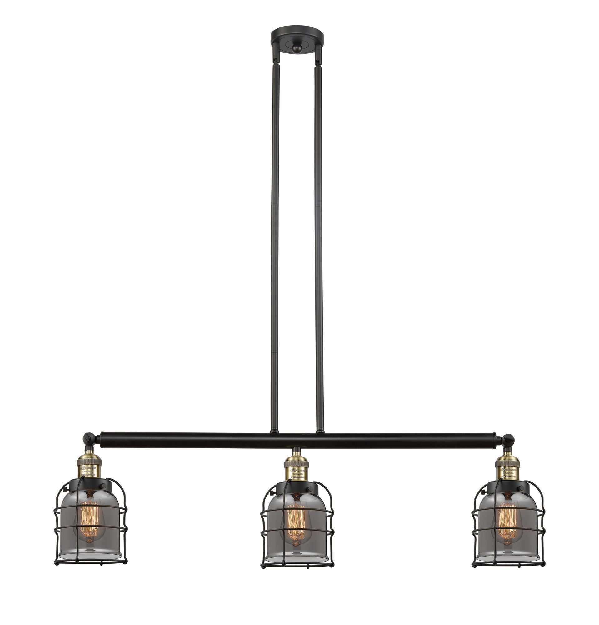 213-BAB-G53-CE 3-Light 38.5" Black Antique Brass Island Light - Plated Smoke Small Bell Cage Glass - LED Bulb - Dimmensions: 38.5 x 6 x 10<br>Minimum Height : 20.5<br>Maximum Height : 44.5 - Sloped Ceiling Compatible: Yes