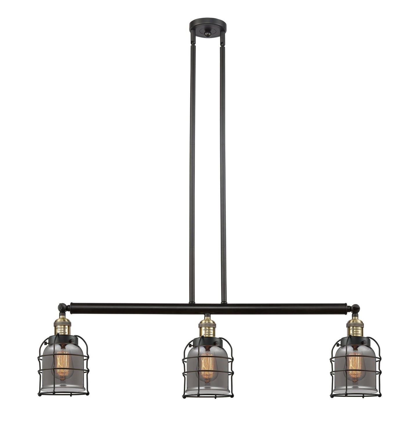 3-Light 38.5" Black Antique Brass Island Light - Plated Smoke Small Bell Cage Glass LED