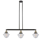 213-BAB-G534 3-Light 40" Black Antique Brass Island Light - Seedy Small Oxford Glass - LED Bulb - Dimmensions: 40 x 7.5 x 10<br>Minimum Height : 20<br>Maximum Height : 44 - Sloped Ceiling Compatible: Yes