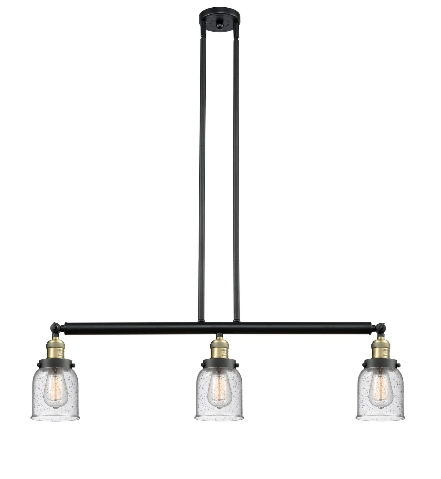 213-BAB-G54 3-Light 37.5" Black Antique Brass Island Light - Seedy Small Bell Glass - LED Bulb - Dimmensions: 37.5 x 7.5 x 10<br>Minimum Height : 20<br>Maximum Height : 44 - Sloped Ceiling Compatible: Yes