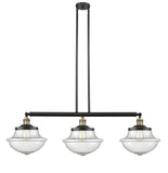 213-BAB-G544 3-Light 42" Black Antique Brass Island Light - Seedy Large Oxford Glass - LED Bulb - Dimmensions: 42 x 12 x 12<br>Minimum Height : 22.375<br>Maximum Height : 46.375 - Sloped Ceiling Compatible: Yes