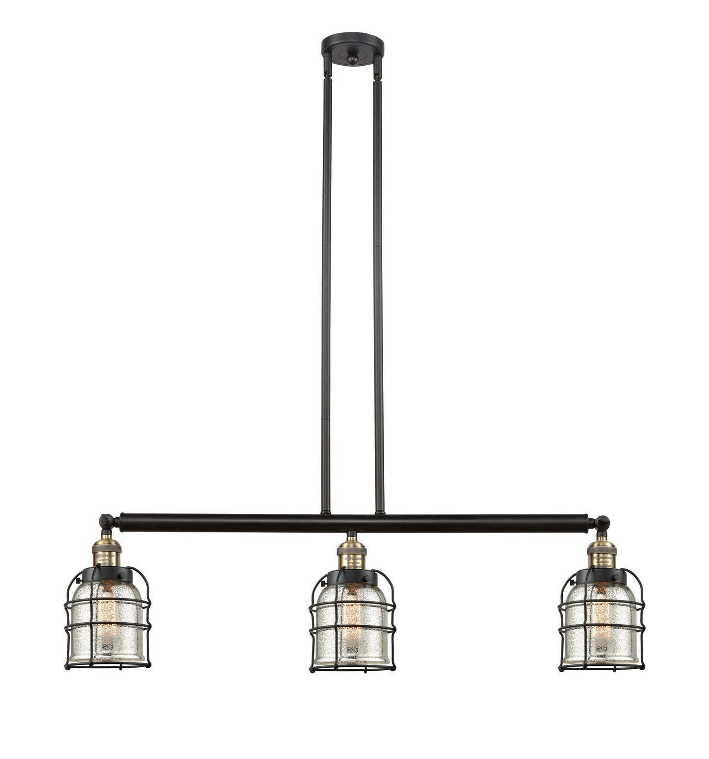 213-BAB-G58-CE 3-Light 38.5" Black Antique Brass Island Light - Silver Plated Mercury Small Bell Cage Glass - LED Bulb - Dimmensions: 38.5 x 6 x 10<br>Minimum Height : 20.5<br>Maximum Height : 44.5 - Sloped Ceiling Compatible: Yes