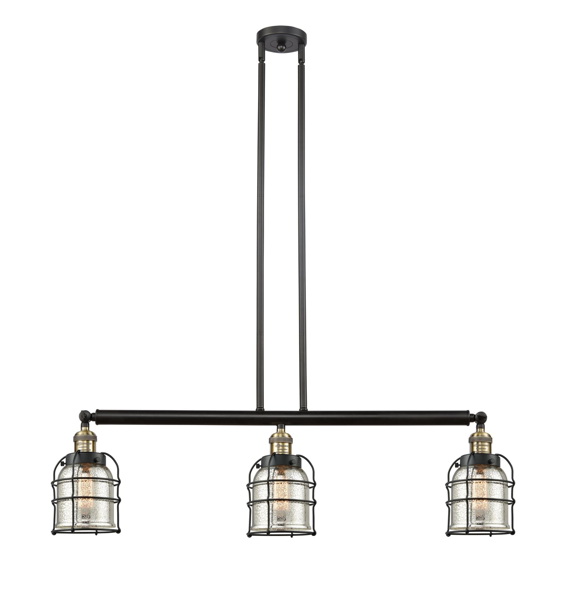 213-BAB-G58-CE 3-Light 38.5" Black Antique Brass Island Light - Silver Plated Mercury Small Bell Cage Glass - LED Bulb - Dimmensions: 38.5 x 6 x 10<br>Minimum Height : 20.5<br>Maximum Height : 44.5 - Sloped Ceiling Compatible: Yes