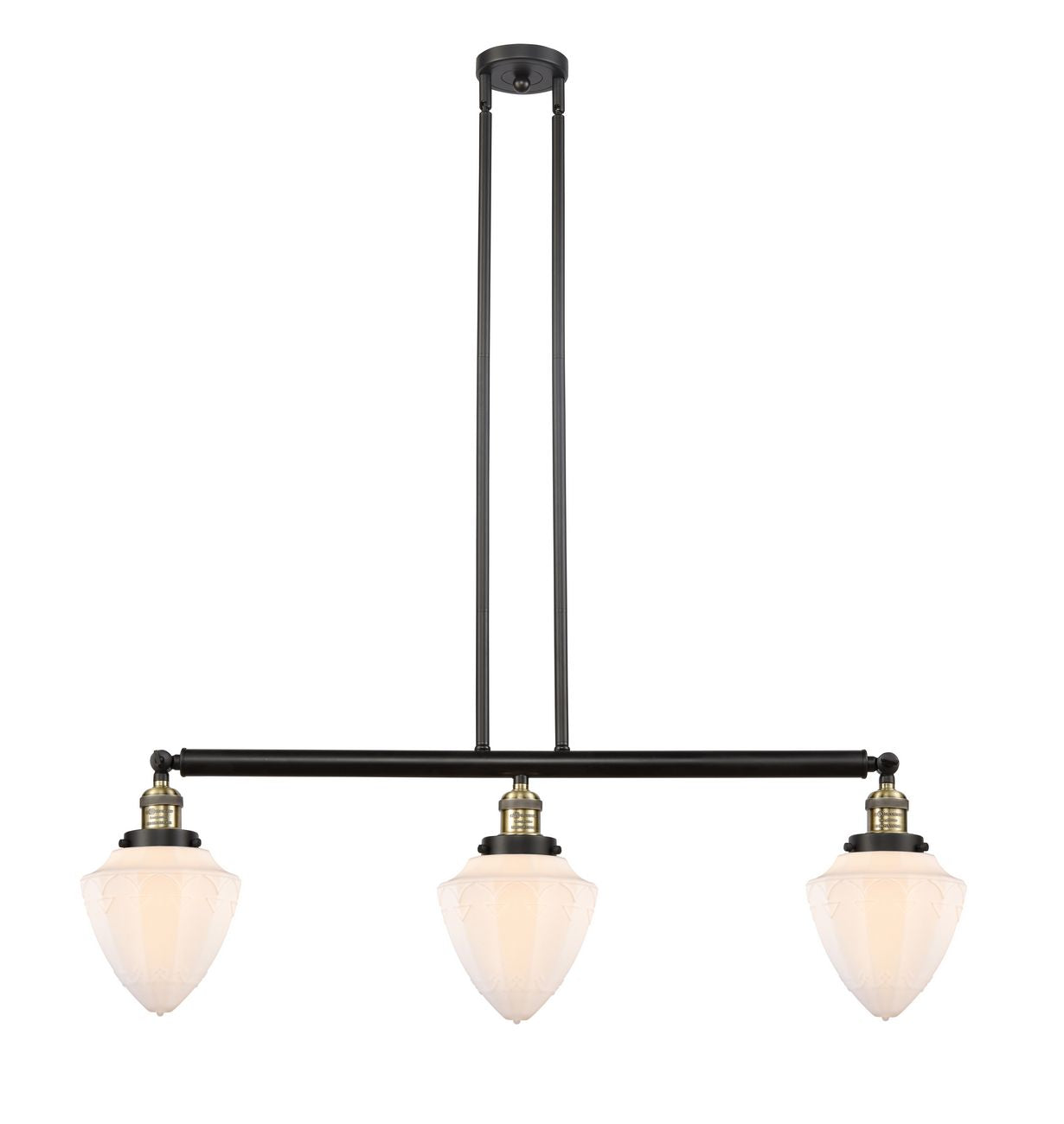 213-BAB-G661-7 3-Light 38" Black Antique Brass Island Light - Matte White Cased Small Bullet Glass - LED Bulb - Dimmensions: 38 x 7 x 15.25<br>Minimum Height : 24.25<br>Maximum Height : 48.25 - Sloped Ceiling Compatible: Yes