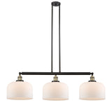 213-BAB-G71-L 3-Light 42" Black Antique Brass Island Light - Matte White Cased X-Large Bell Glass - LED Bulb - Dimmensions: 42 x 12 x 13<br>Minimum Height : 22.25<br>Maximum Height : 46.25 - Sloped Ceiling Compatible: Yes